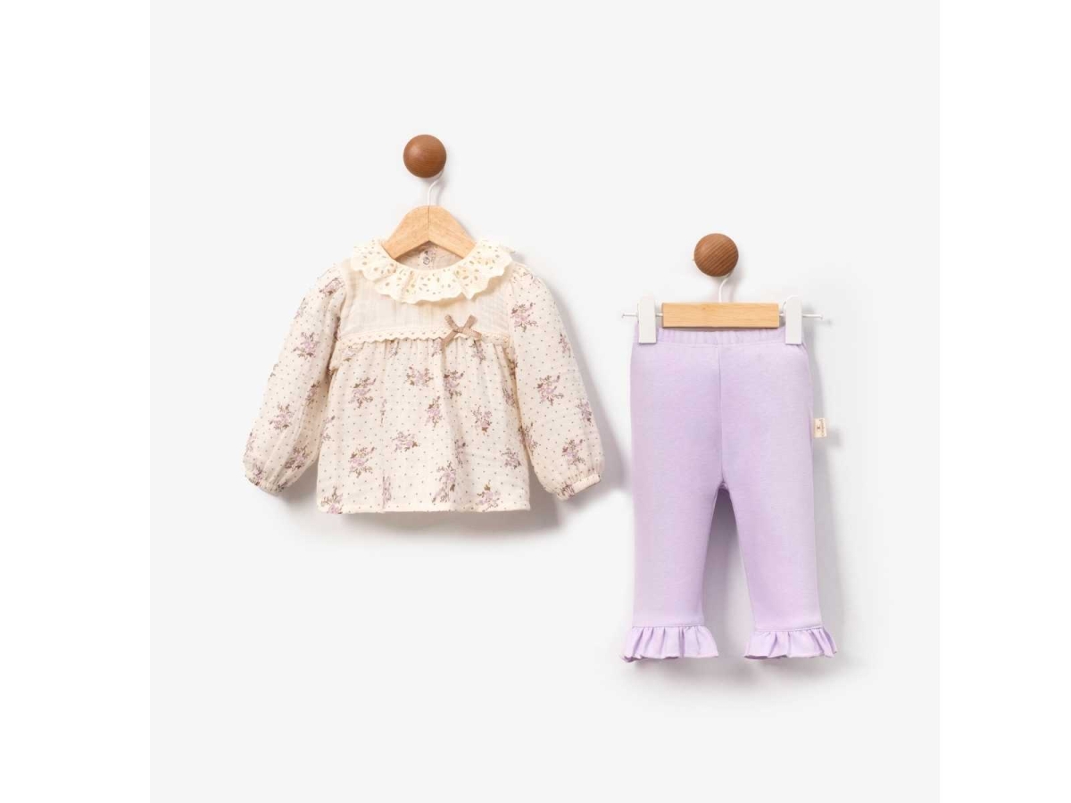 KIZ 6/12 AY ÇİÇEK BASKILI MÜSLİN 2Lİ TAKIM