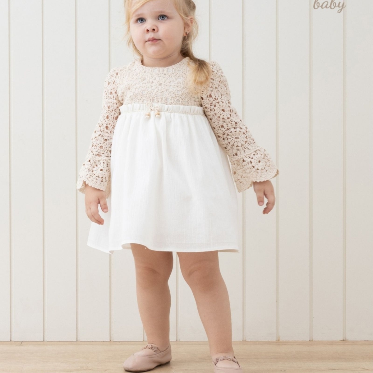 KIZ 6/24 AY BONCUKLU NATUREL DANTELLİ ELBİSE