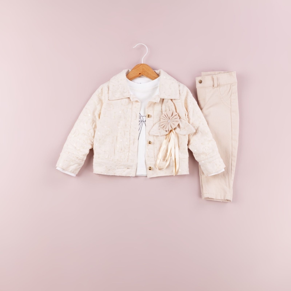 KIZ 6/24 AY  ÇİÇEK AKSESUARLI PUANLI KUMAŞ  TAKIM