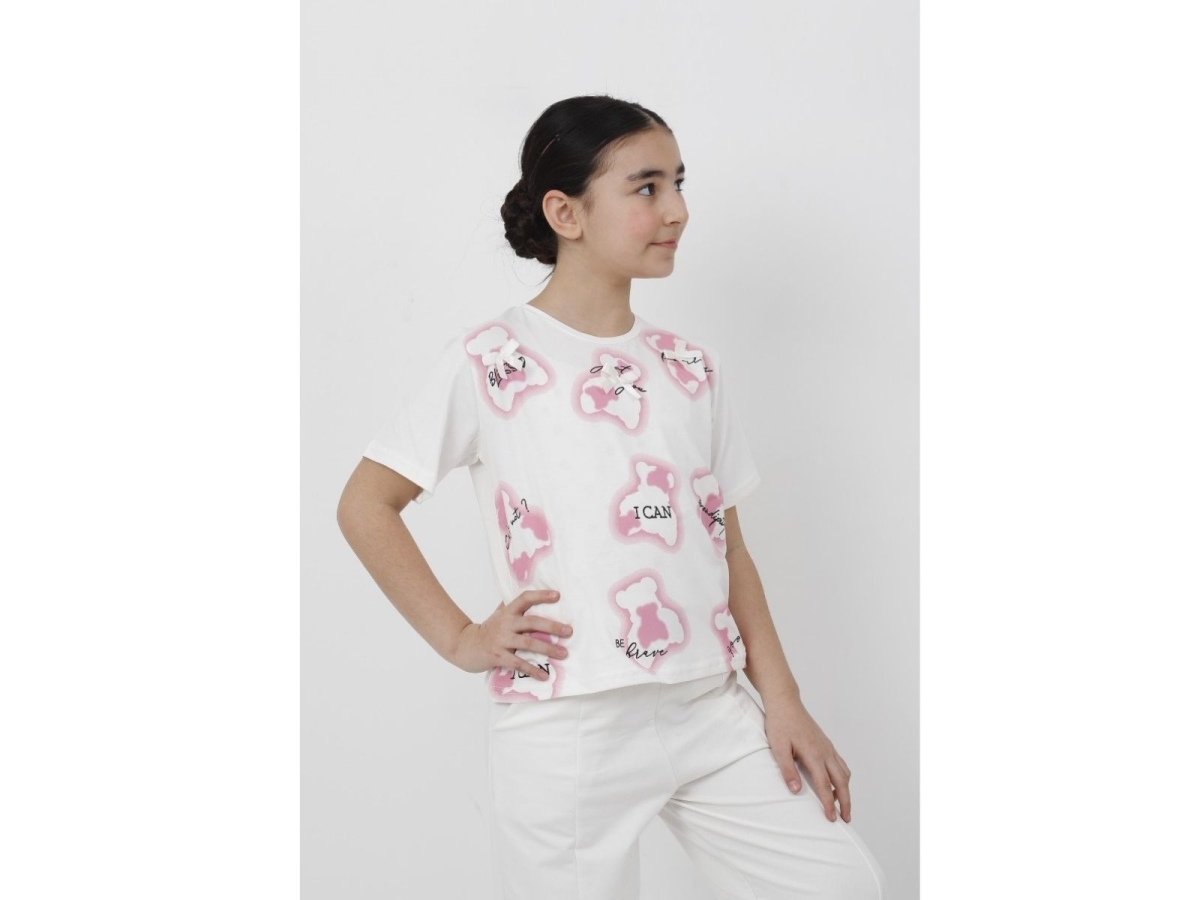 KIZ 6/9 YAŞ AYICIK BASKILI FİYONKLU  TİŞÖRT