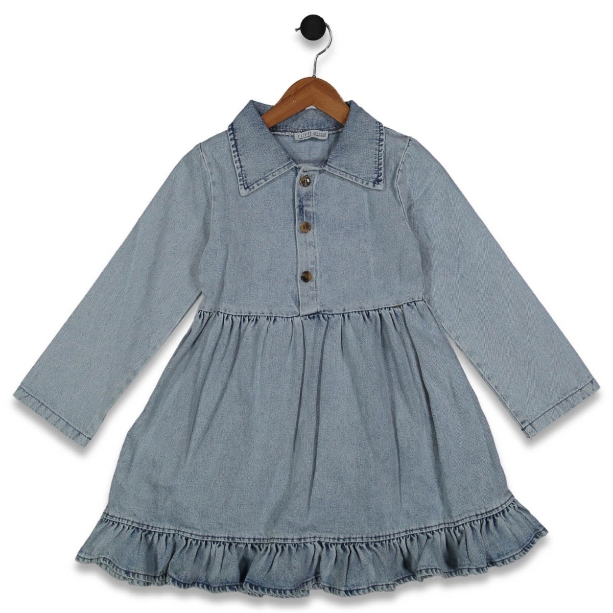 KIZ 7/12 YAŞ YAKALI FIRFIRLI KOT ELBİSE