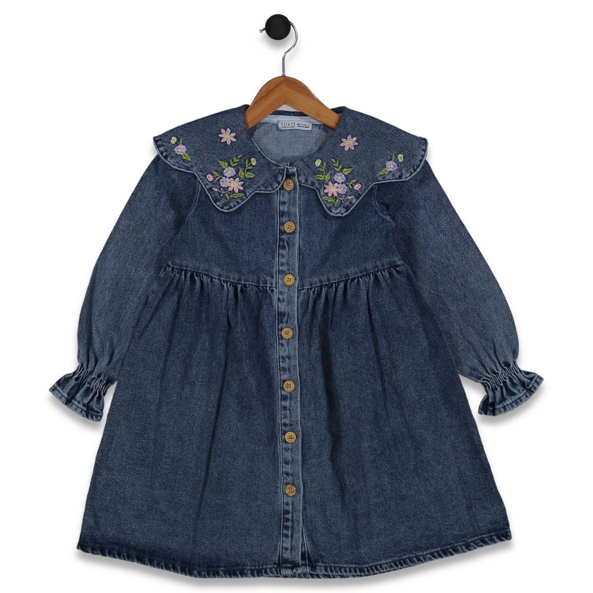 KIZ 7/12 YAŞ YAKASI ÇİÇEKLİ  KOT ELBİSE