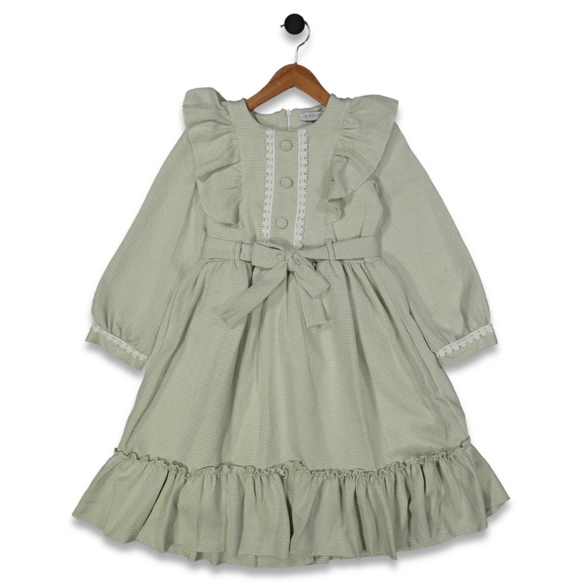 KIZ 9/12 YAŞ KETEN ÖRME ÖNÜ FIRFIRLI GARSON ELBİSE