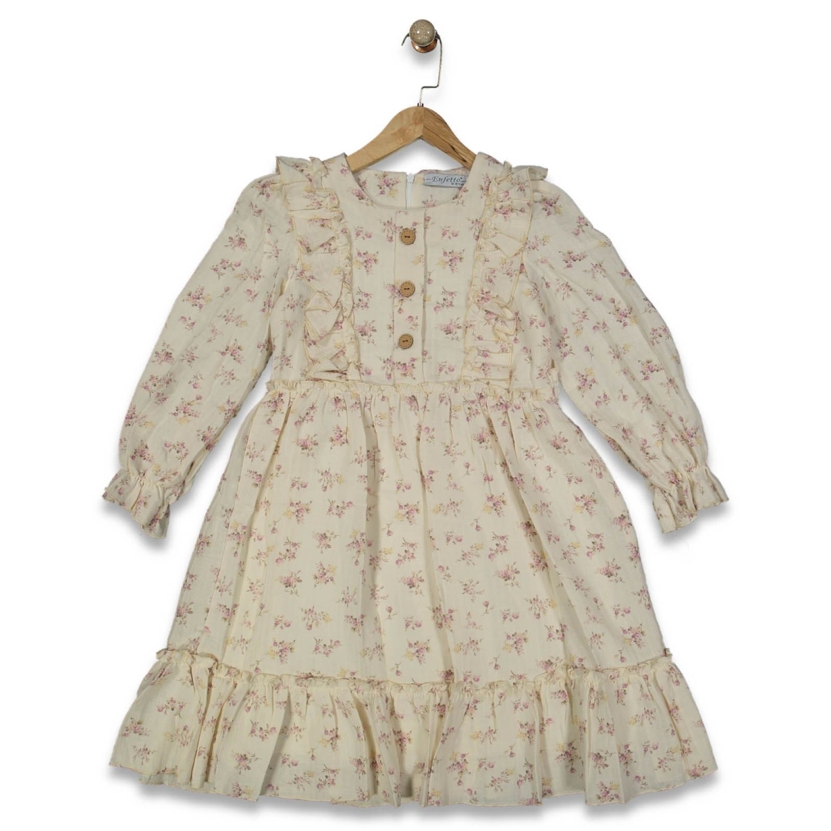 KIZ 9/12 YAŞ  MÜSLİN ÇITIR ÇİÇEK BASKILI ÖNÜ FIRFI