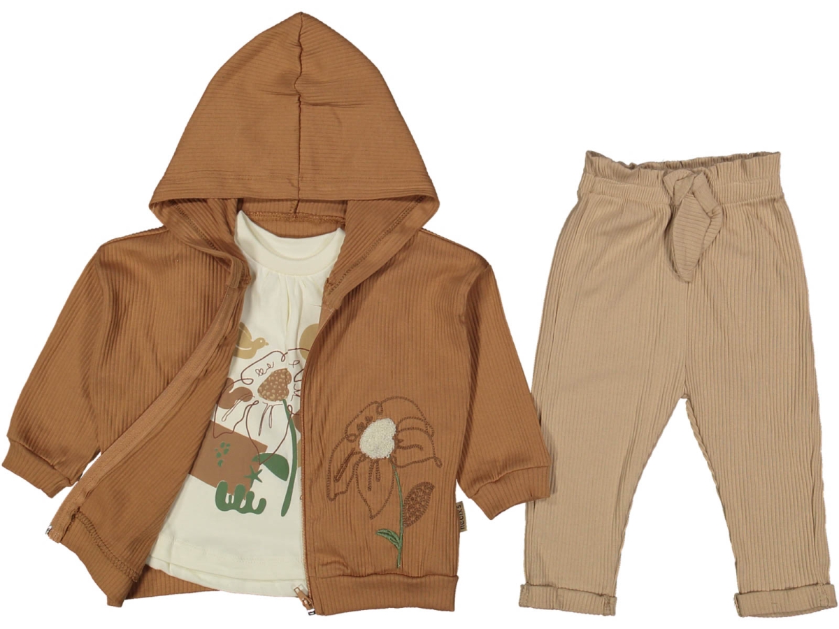 KIZ 9/18 AY ÇİÇEK NAKIŞLI GİZE KAPŞONLU 3LÜ TAKIM