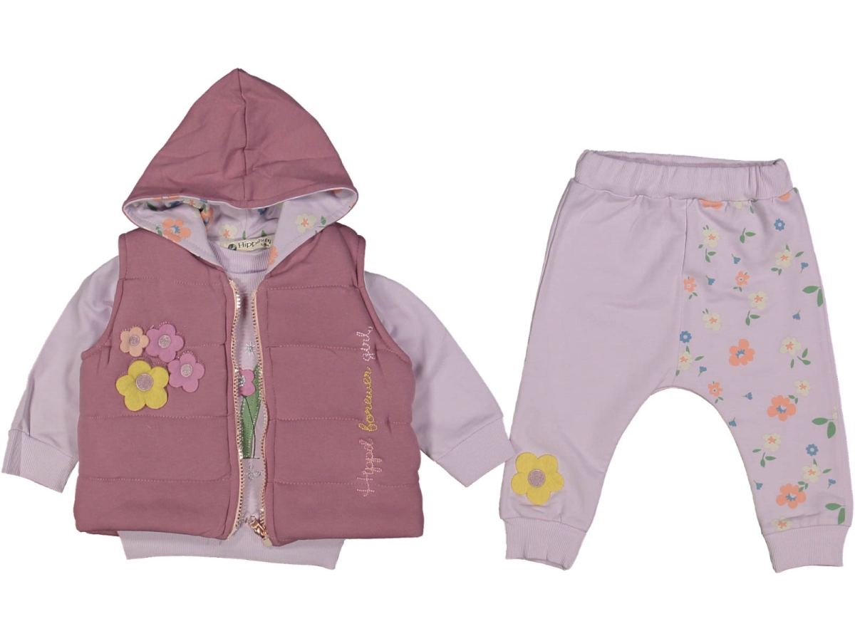 KIZ 9/18 AY ÇİÇEKLİ YELEKLİ 3LÜ TAKIM