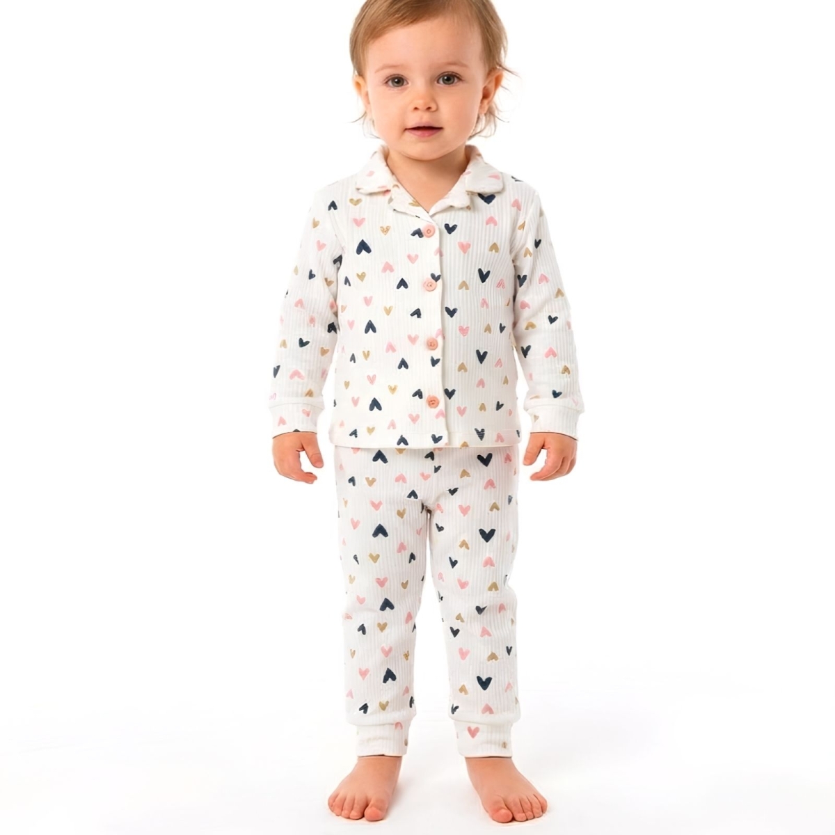 KIZ 9/24 AY RENKLİ KALPLİ AYLIK PİJAMA TAKIM
