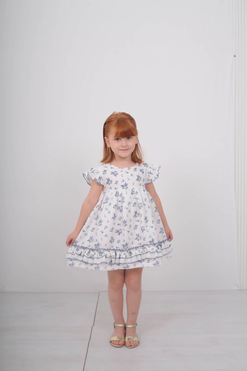 KIZ ÇOCUK BÜYÜK ÇİÇEKLİ ÇİFT KAT FIRFIRLI MÜSLÜN ELBİSE