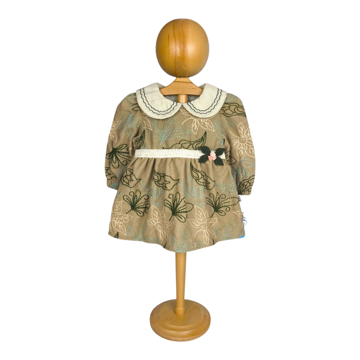 Keten Nakışlı Aksesuarlı Yakalı Elbise