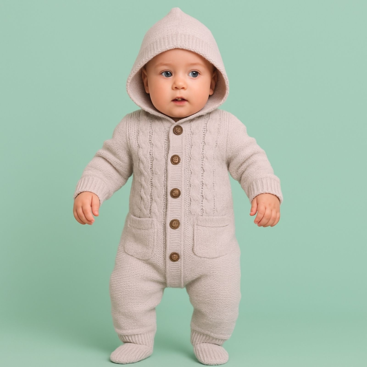 MİNİKAY 01703-UNISEX 6/12 AY ÖRGÜ DESEN CEPLİ KAPÜŞONLU TULUM