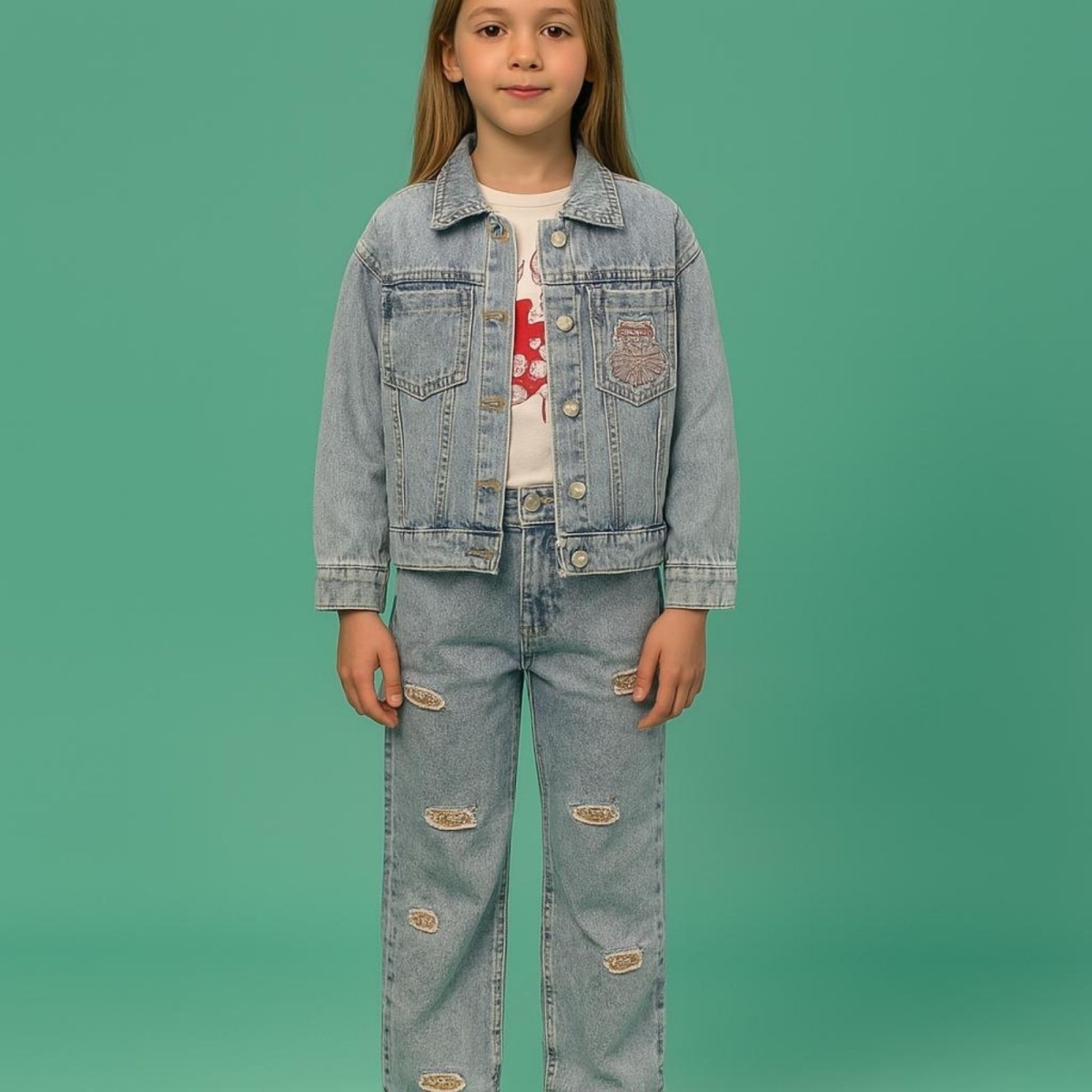 MİSSELİTTE 739-KIZ 2/5 YAŞ KALP AYICIK BASKILI KOT TAKIM