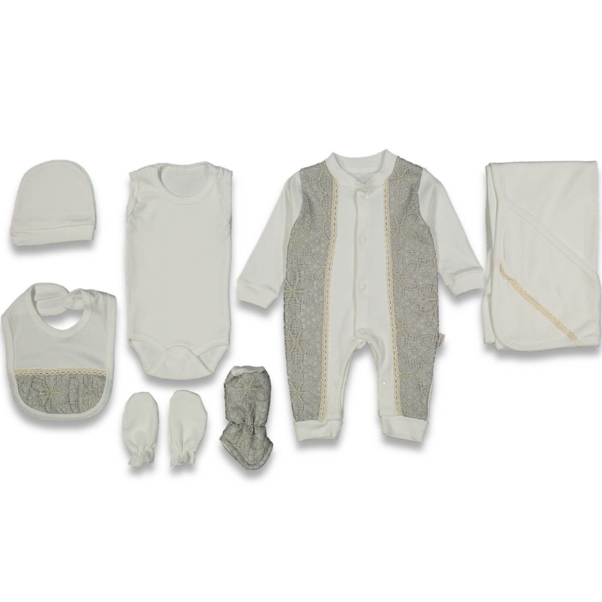 POİNT BABY 10147-KIZ 1/1 AY KENAR DANTELLİ 7 Lİ HASTANE ÇIKIŞ SETİ