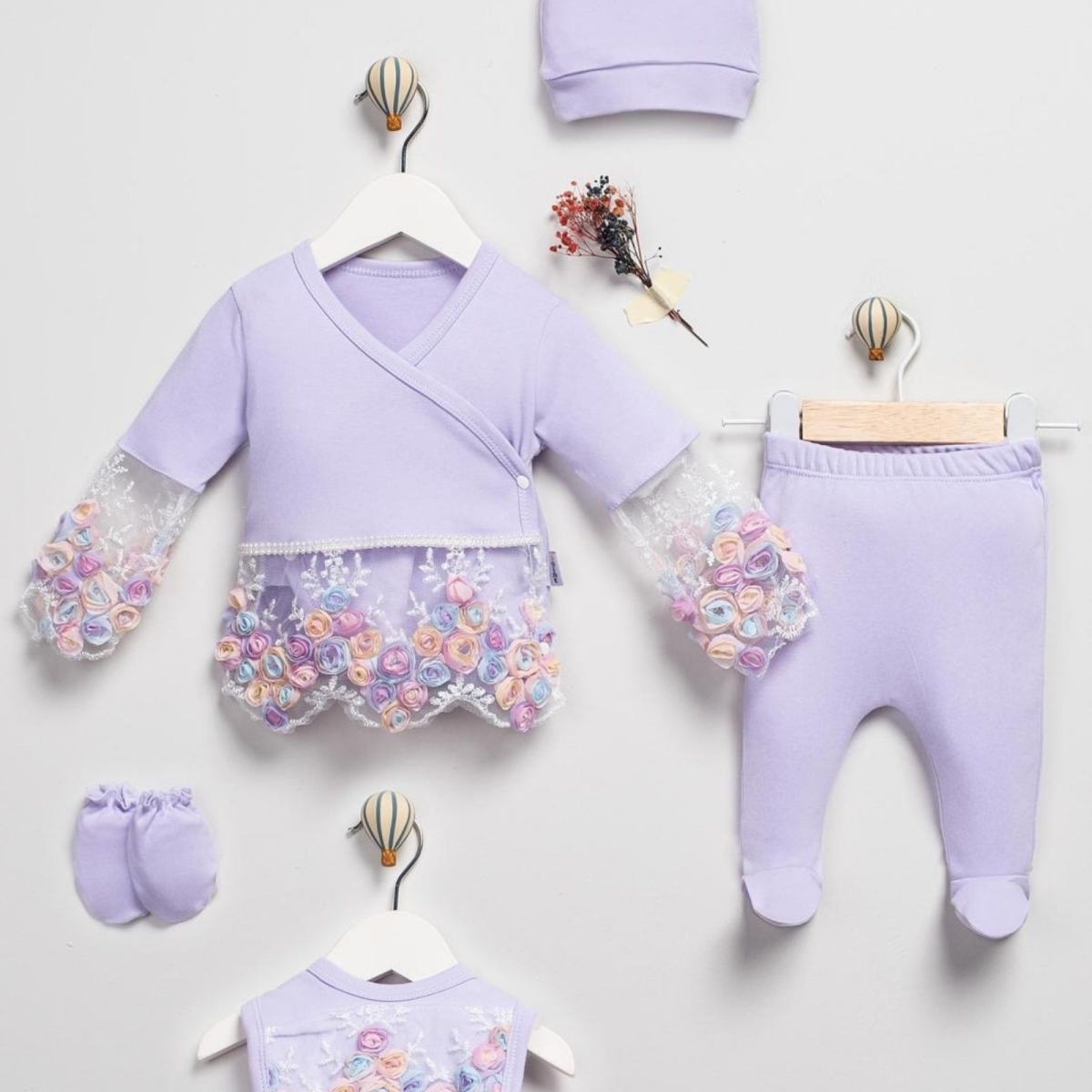 POİNT BABY 1140-KIZ 1/3 AY RENKLİ GÜLLÜ DANTELLİ 5 Lİ ZIBIN SET