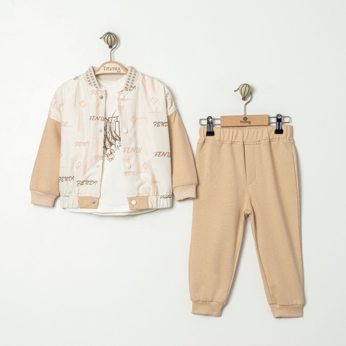 TİTİMİX KİDS 25331-ERKEK 2/5 YAŞ FENDİ CEKET DİJİTAL BASKI ÜÇLÜ TAKIM