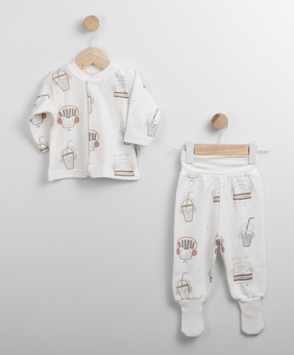 TWETOON 56-62-68 CM KENDİNDEN BASKILI KUMAŞLAR ÇORAPLI PATİKLİ PANTOLONLU İKİLİ TAKIM