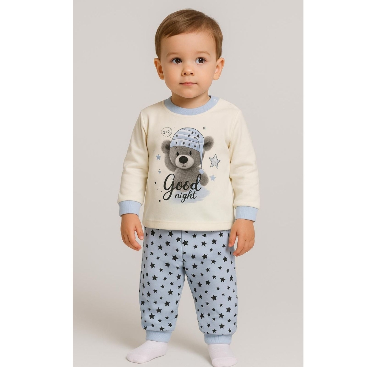 UNISEX 6/12 AY YILDIZLI AYI BASKILI PİJAMA TAKIM