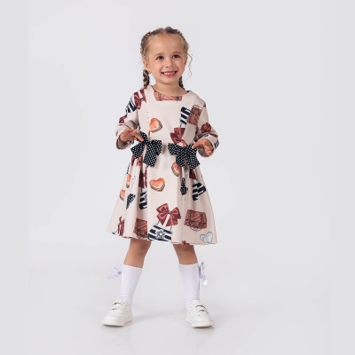 9-24 AY BASKILI FİYONKLU KIZ ÇOCUK ELBİSESİ