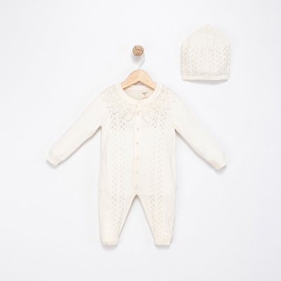 BABY MY 4148-UNISEX 3/12 AY BAKLAVA DESEN DÜĞMELİ TRİKO TULUM Ş