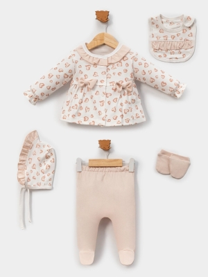 BELEMİR - 7178 / Kalp Baskılı Fırfır Detaylı 5'li Hastane Çıkış Seti