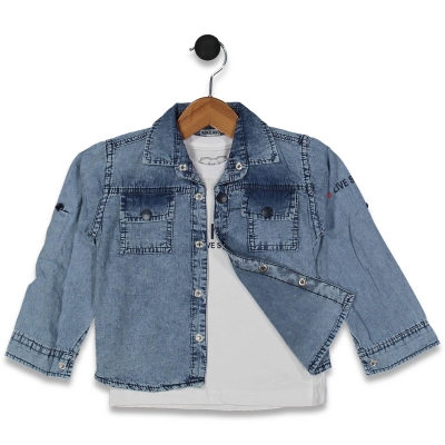 ERKEK 3/7 YAŞ WİKİLAND BASKILI  MAVİ 2Lİ KOT GÖMLE