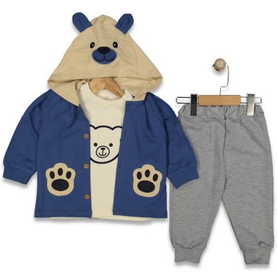 ERKEK 9/18 AY PATİ BASKILI AYILI 3LÜ HIRKALI TAKIM