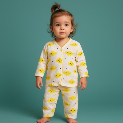 GONCA BEBE 070-UNISEX 3/3 AY YILDIZ BULUTLU BİYELİ OYALI  PİJAMA TAKIM