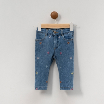 KIZ 1-4 YAŞ KALP NAKIŞLI KOT PANTOLON