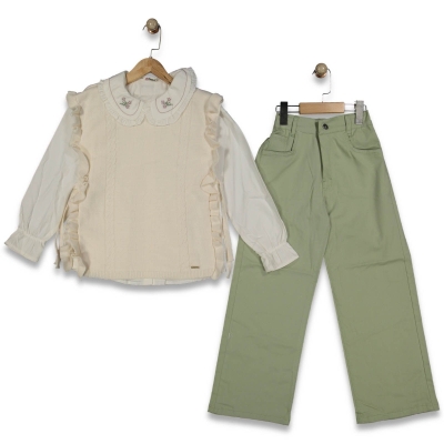 KIZ 10/13 YAŞ YAKA ÇİÇEKLİ FIRFIRLI ÜÇLÜ TAKIM