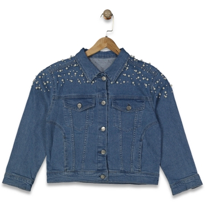 KIZ 11/15 YAŞ OMUZ BONCUKLU CEPLİ  KOT CEKET