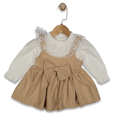 KIZ 12/24 AY GÖBEK FİYONKLU KANTLI KADİFE ELBİSE