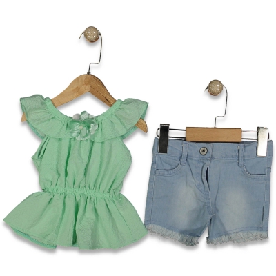 KIZ 1/5 YAŞ BEL LASTİKLİ KRINKIL  KOT ŞORTLU  TAKI