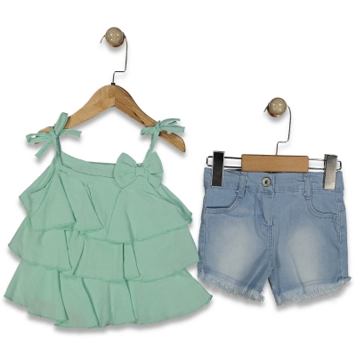 KIZ 1/5 YAŞ FİYONKLU İP ASKI KOT ŞORTLU  TAKIM