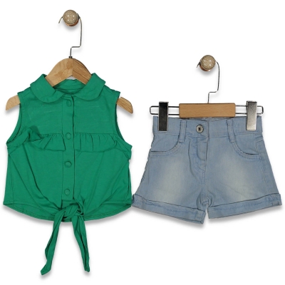 KIZ 1/5 YAŞ ÖNÜ DÜĞMELİ KOT ŞORTLU  TAKIM