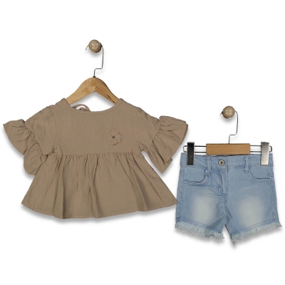 KIZ 1/5 YAŞ YAKA BAĞLAMALI KOT ŞORTLU  TAKIM