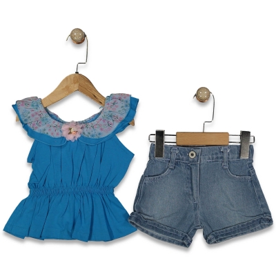 KIZ 1/5 YAŞ YAKA TÜLLÜ ÇİÇEKLİ KOT ŞORTLU  TAKIM