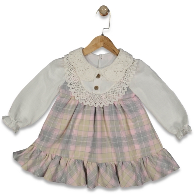 KIZ 2/4 YAŞ EKOSELİ DANTEL YAKALI ELBİSE