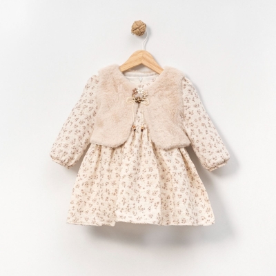 KIZ 2/5 YAŞ BASKILI PELUŞ YEMEKLİ ELBİSE