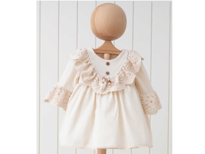 KIZ 2/5 YAŞ BONCUKLU NATUREL UZUN KOL ELBİSE 