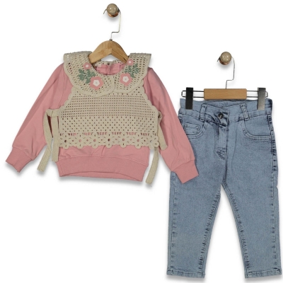 KIZ 2/5 YAŞ DANTEL YELEKLİ  ÜÇLÜ TAKIM