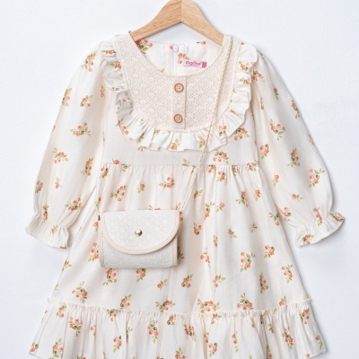 KIZ 2/5 YAŞ GÜLLÜ DESENLİ DANTEL DETAYLI ÇANTALI M