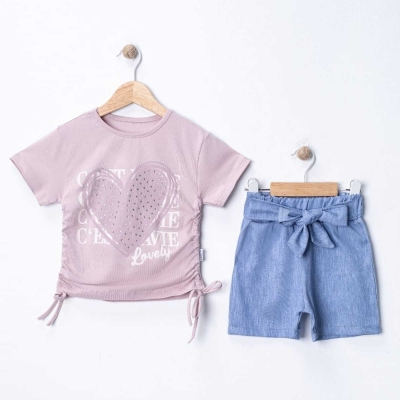 KIZ 2/5 YAŞ KALP TAŞ BASKILI TENCEL KOT TAKIM