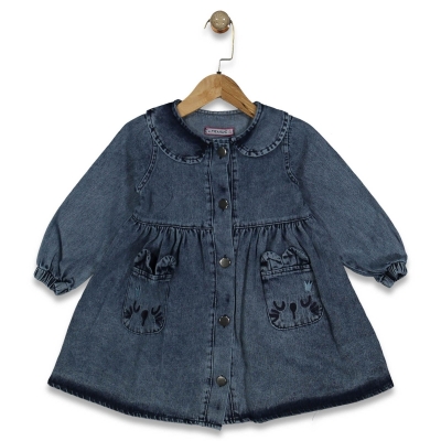 KIZ 2/7 YAŞ KEDİ NAKIŞLI UZUN KOLLU KOT JİLE ELBİS