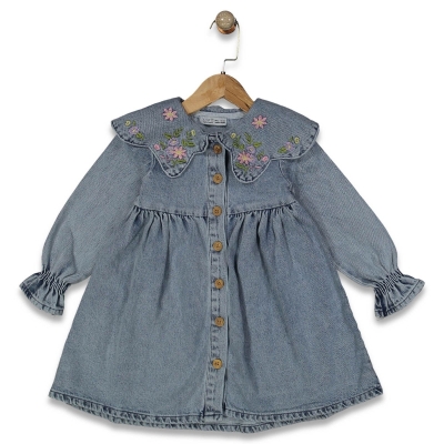 KIZ 2/7  YAŞ YAKA ÇİÇEK NAKIŞLI  KOT ELBİSE