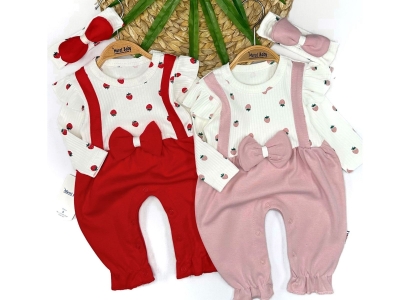 KIZ 3/12 AY ÇİLEK BASKILI FİYONKLU TULUM