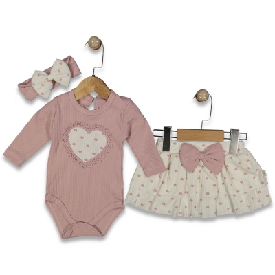 KIZ 3/12 AY MİNİK KALP BASKILI ETEKLİ BADİLİ TAKIM