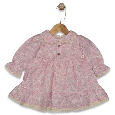 KIZ 3/18 AY ÇİÇEK BASKILI ETEK UCU GÜPÜRLÜ ELBİSE