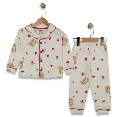 KIZ 3/6 YAŞ AYICIK KALP BASKILI AYLIK PİJAMA TAKIM