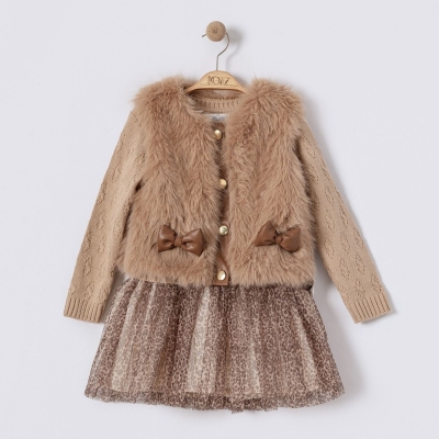KIZ 3/6 YAŞ LEOPAR TÜLLÜ TRİKO PELUŞLU ELBİSE