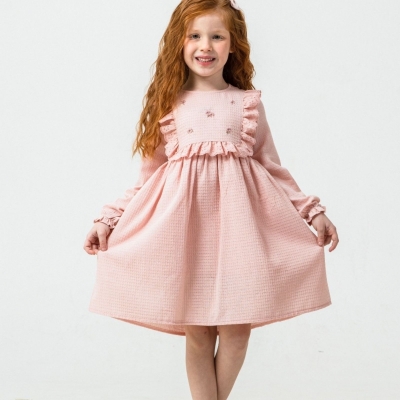 KIZ 3/6 YAŞ MİNİK ÇİÇEKLİ NAKIŞLI WAFFLE ELBİSE