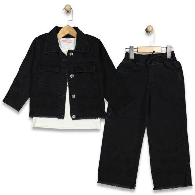 KIZ 5/12 YAŞ ÇİÇEK NAKIŞLI 3 LÜ KOT  TAKIM